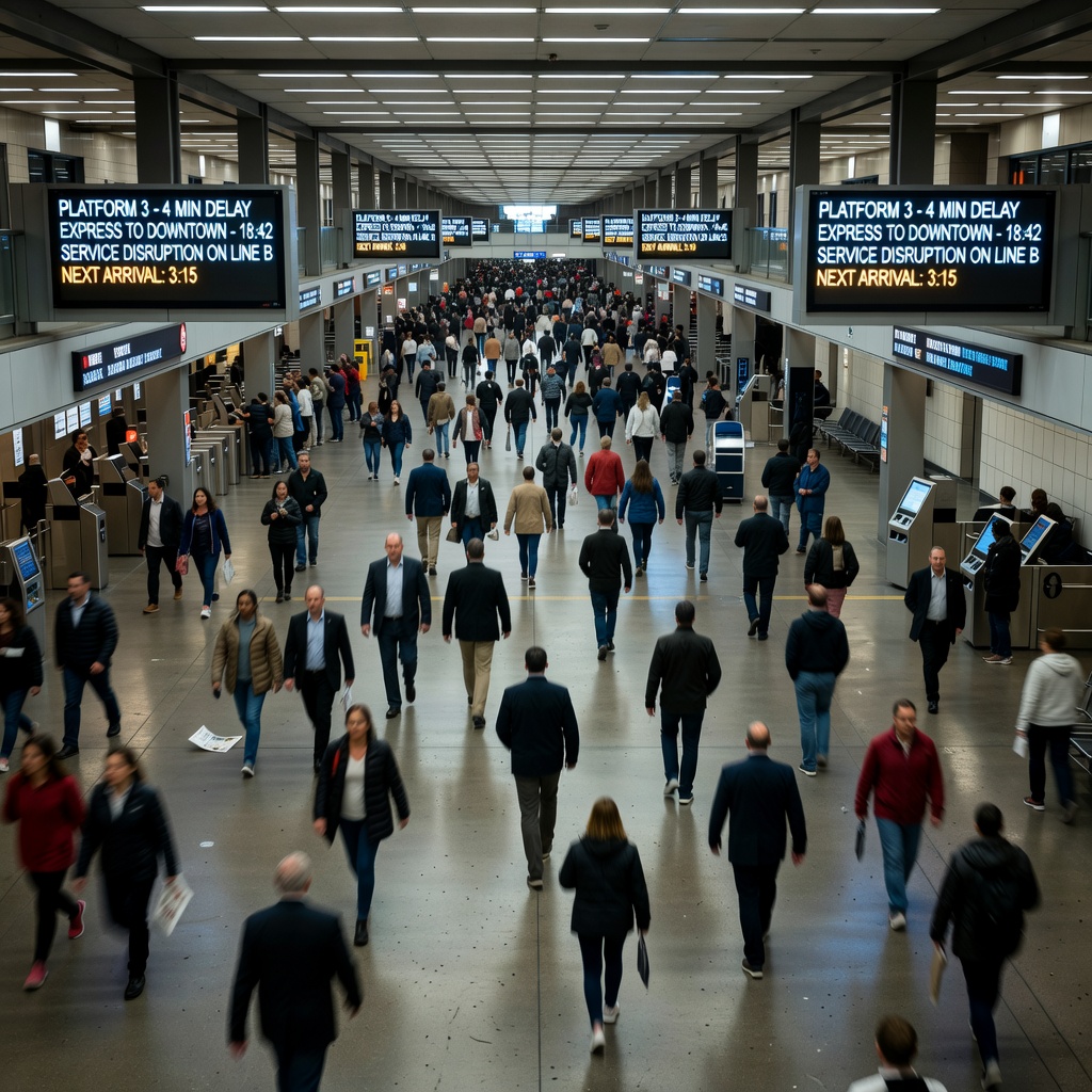 Commuters passing illuminated digital display panels in a busy transit concourse