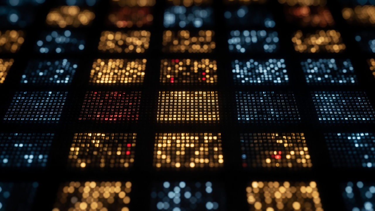 Macro close-up of illuminated display pixels in warm and cool tones