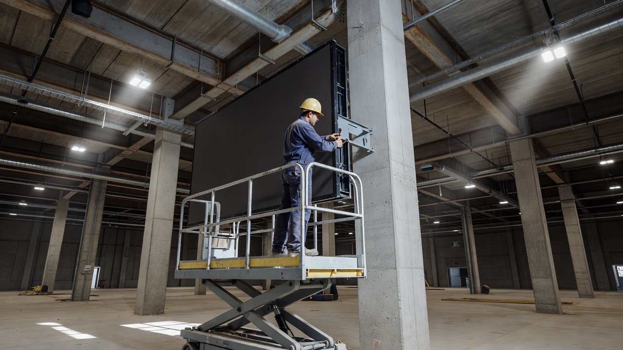 Technician on a lift platform mounting a large commercial display to a concrete column in an unfinished commercial interior