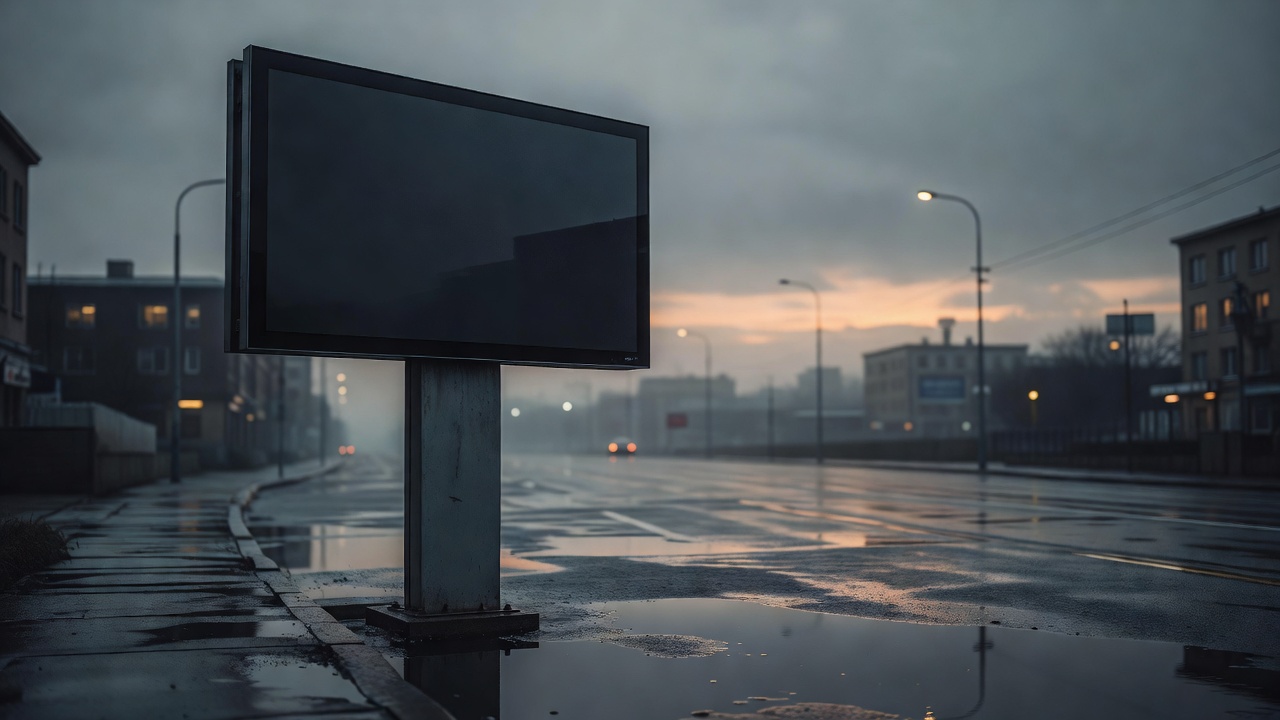 Freestanding outdoor digital display on a wet urban street at dusk