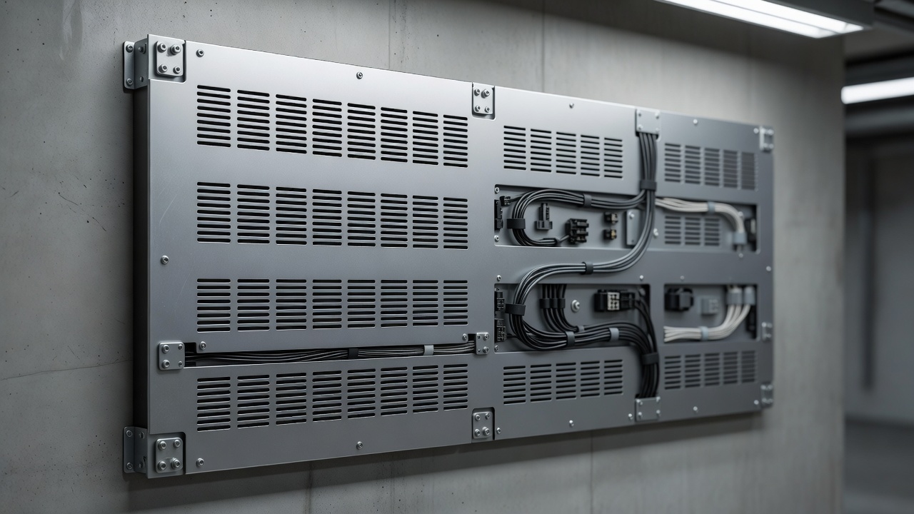 Rear ventilation and cable management of a commercial display panel mounted on a wall
