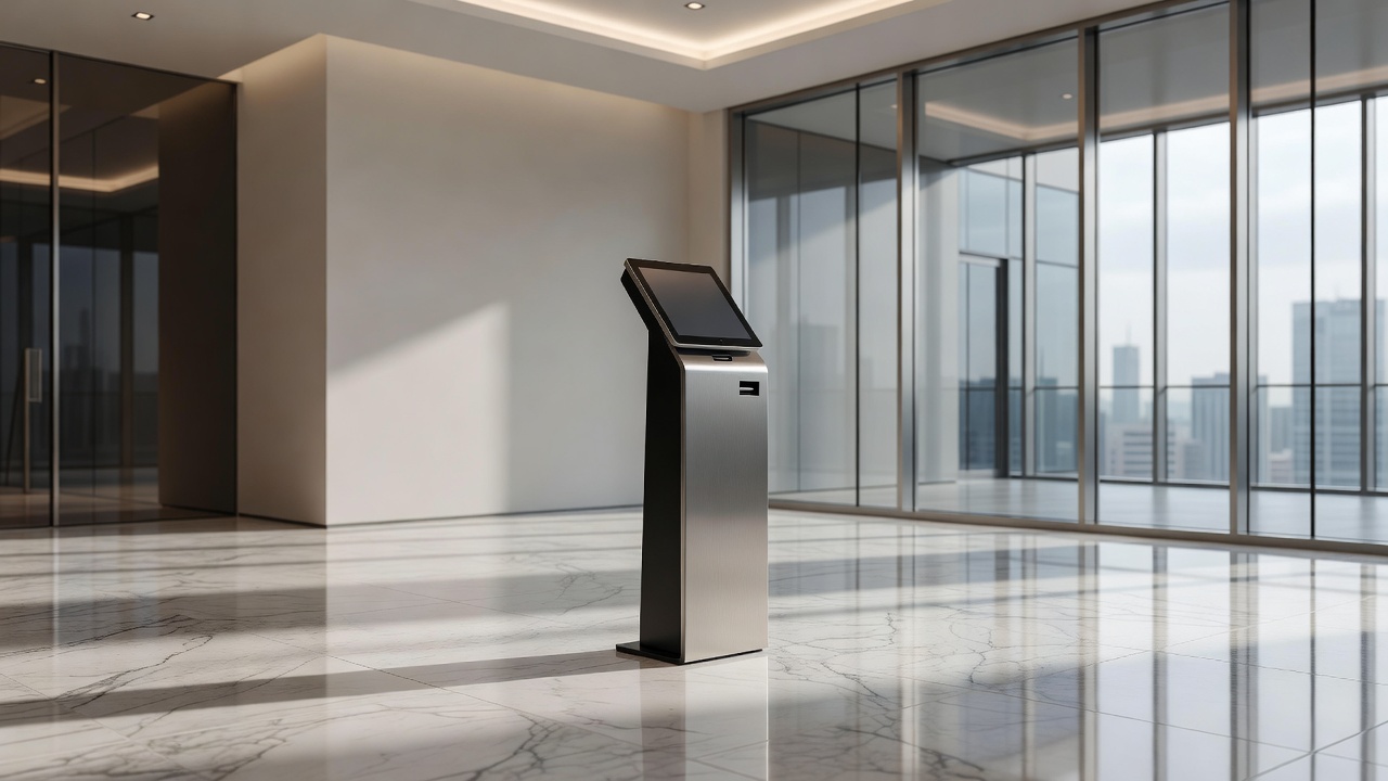 Freestanding self-service kiosk terminal in a modern building lobby