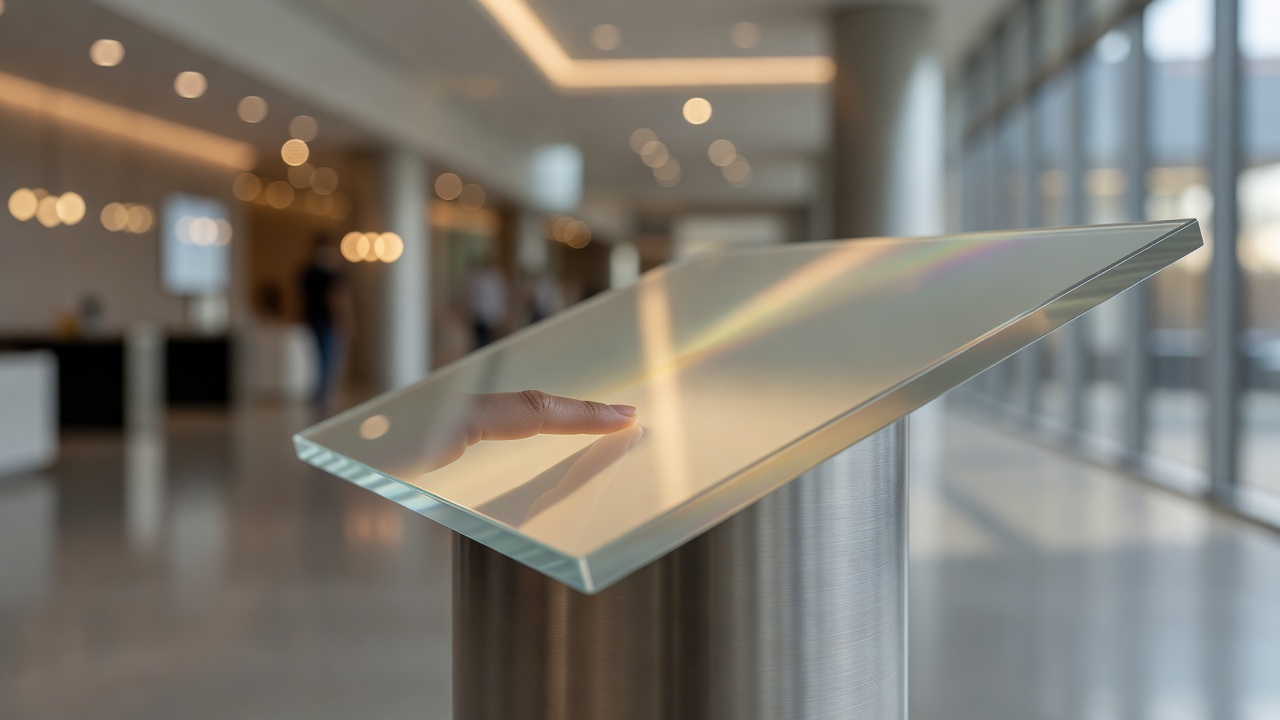 Finger touching a large interactive display panel in a modern lobby setting