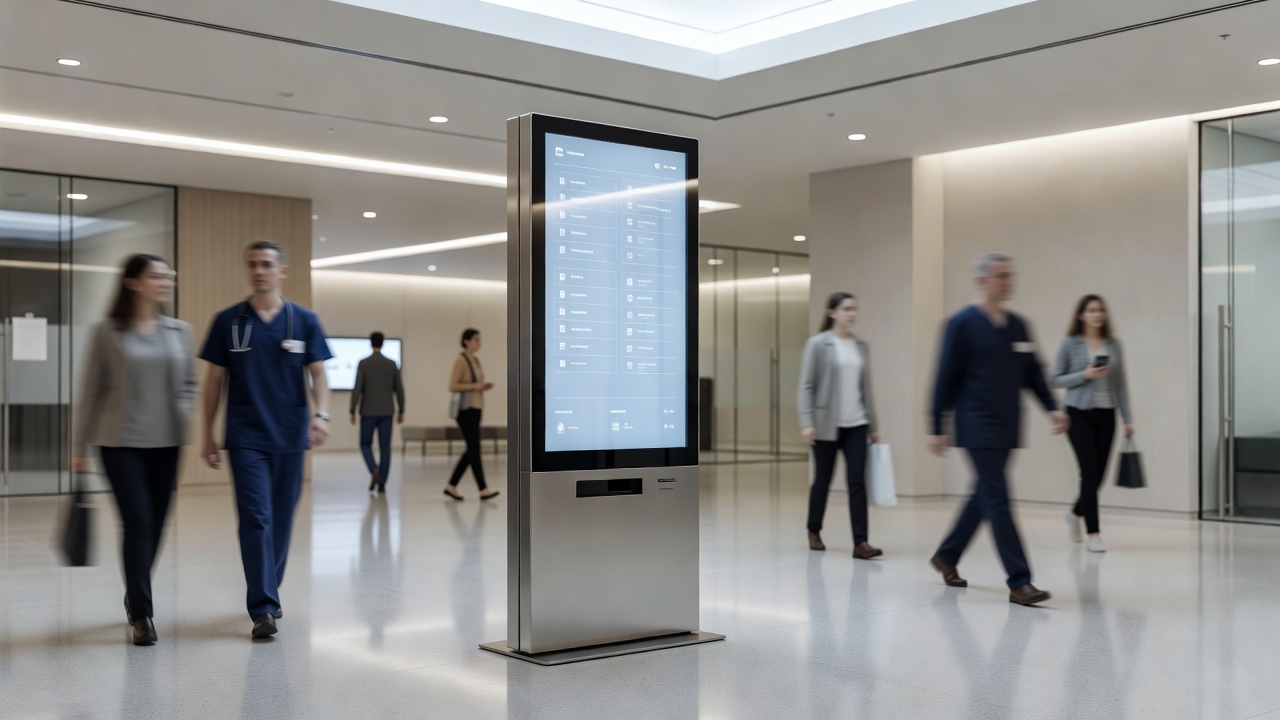 Digital directory kiosk in a modern hospital lobby with people in motion